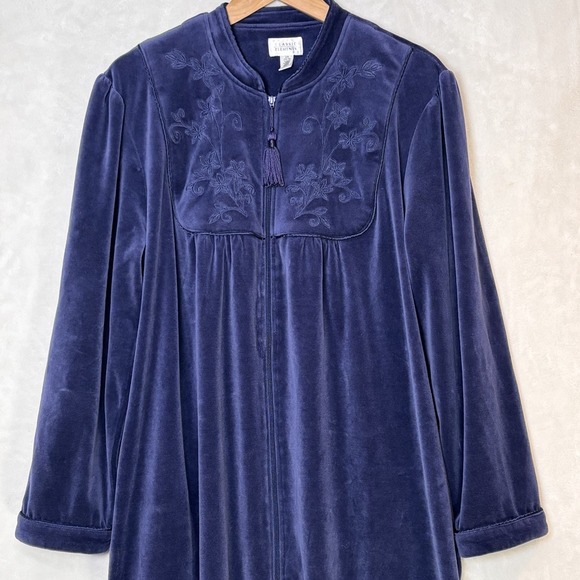 Vtg Navy Velour Zip Front House Dress Long Lounge Robe Dark Romantic Goth L - Picture 2 of 8